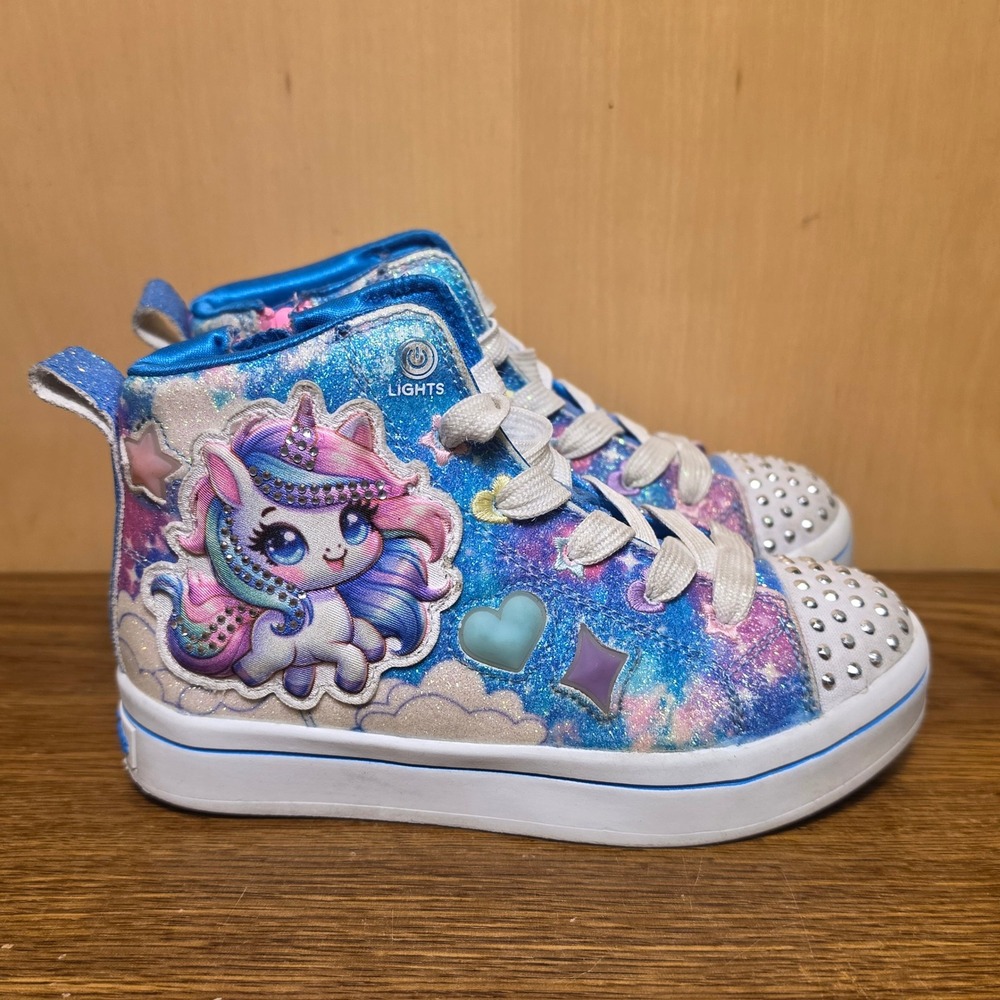 Skechers S-Lights Twinkle Toes Unicorn Girls Size 11 Blue Pink Light Up Hi-Tops*